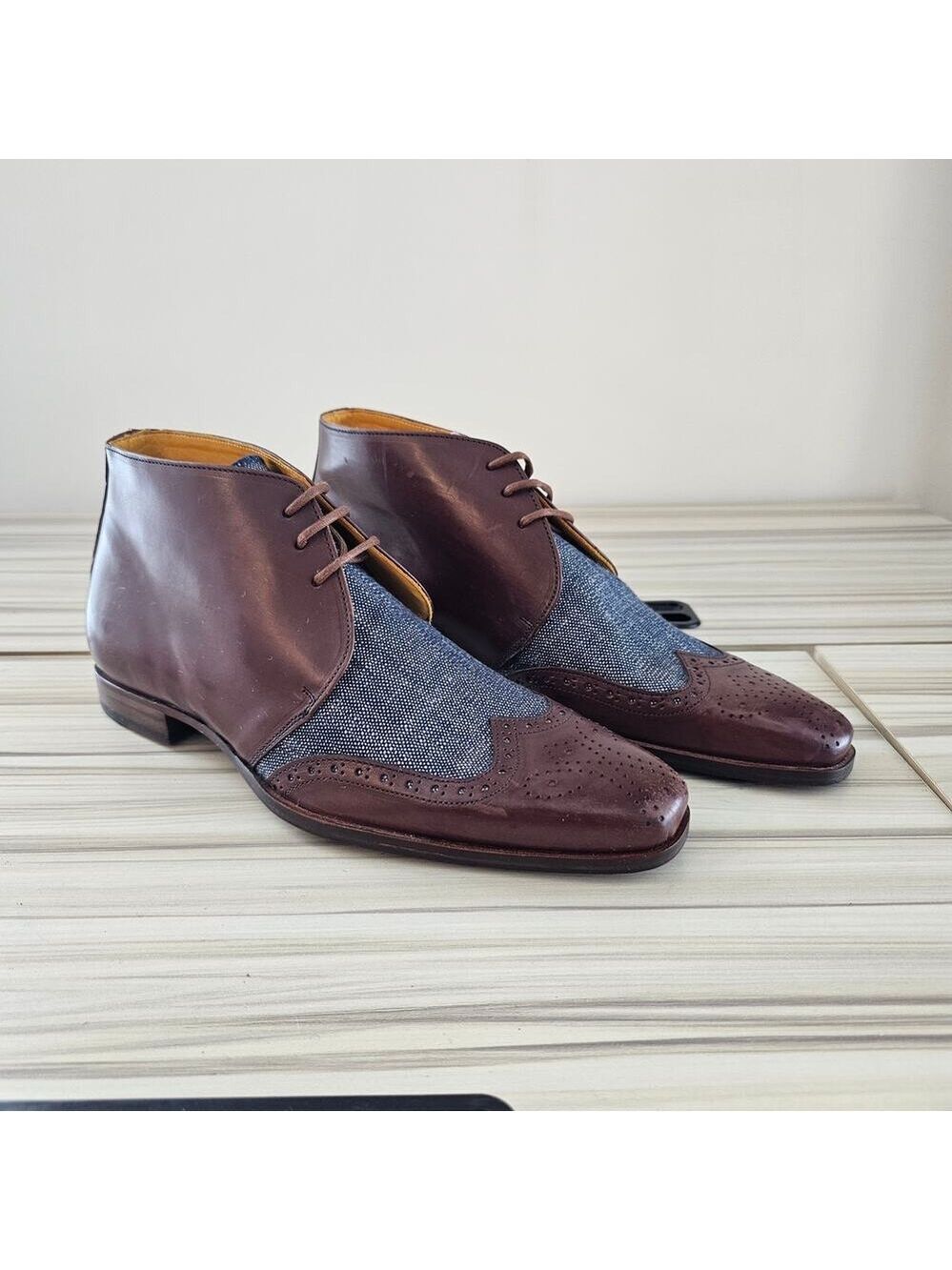 Undandy Men's Brown Denim Chukka Ankle Lace up Leather Boots Size 38
